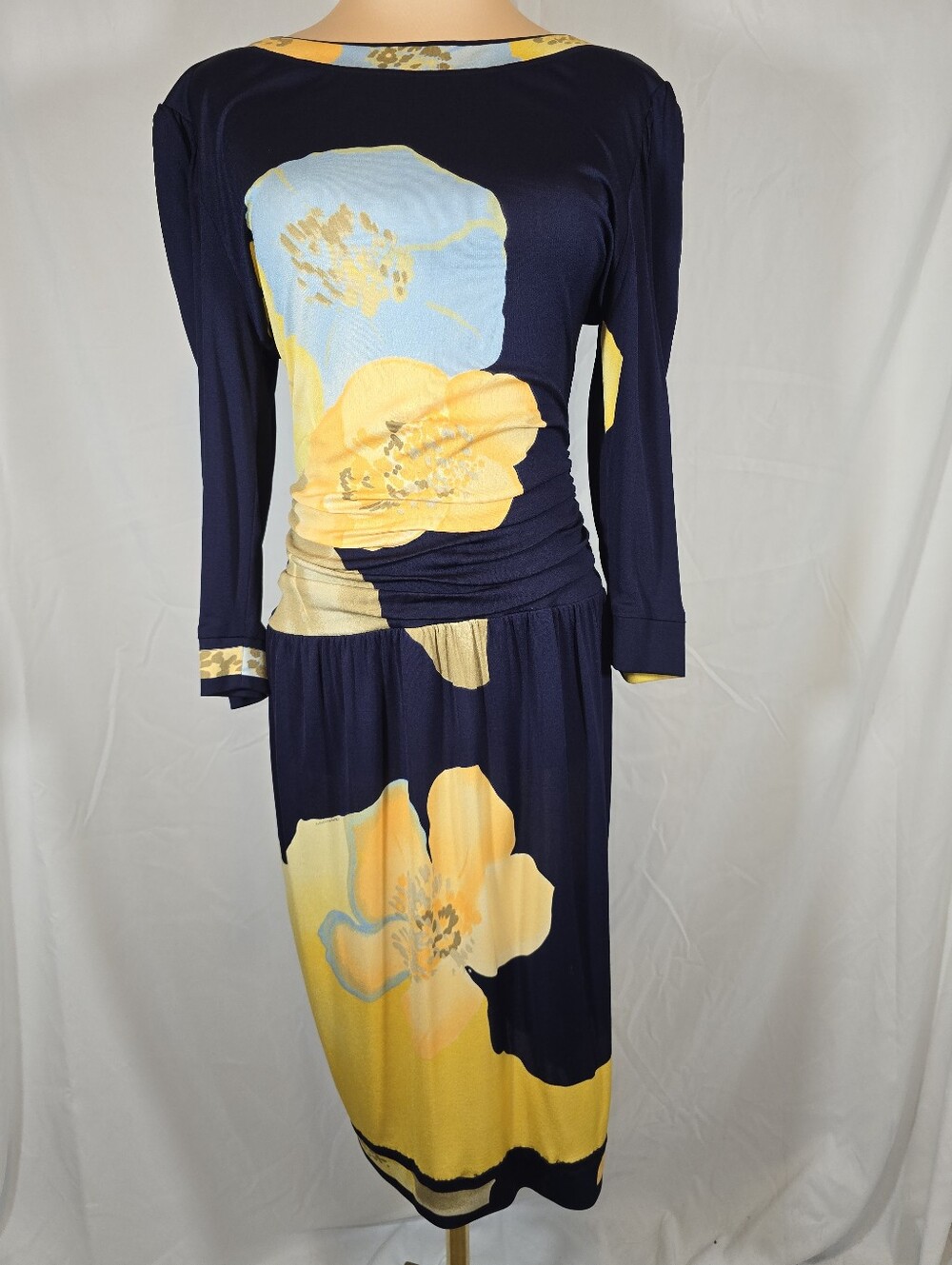 Vintage Leonard Navy Floral Midi Dress with Yellow & Light Blue Flowers